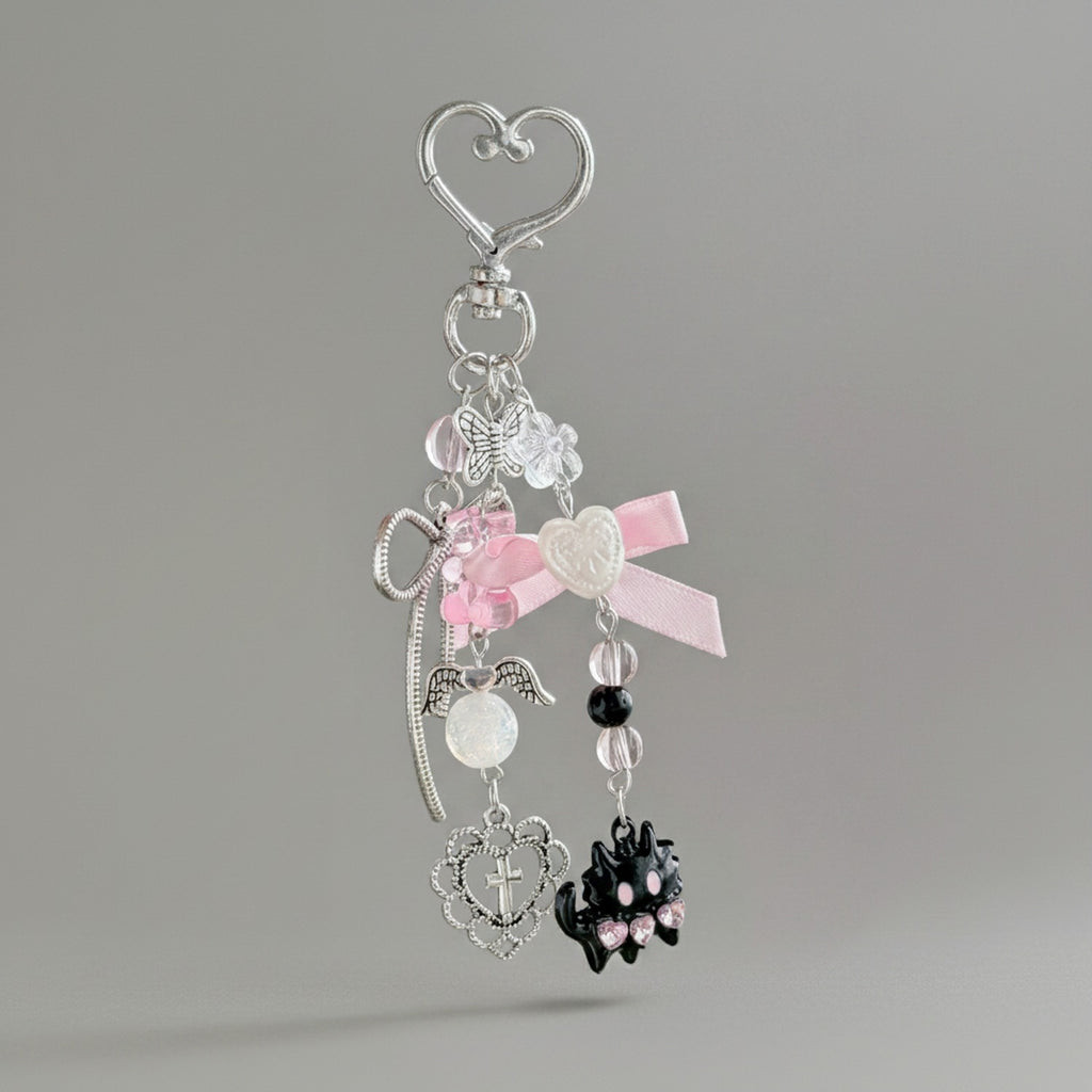 Pink Heart Charm Acrylic Keyring With Butterfly And Cross