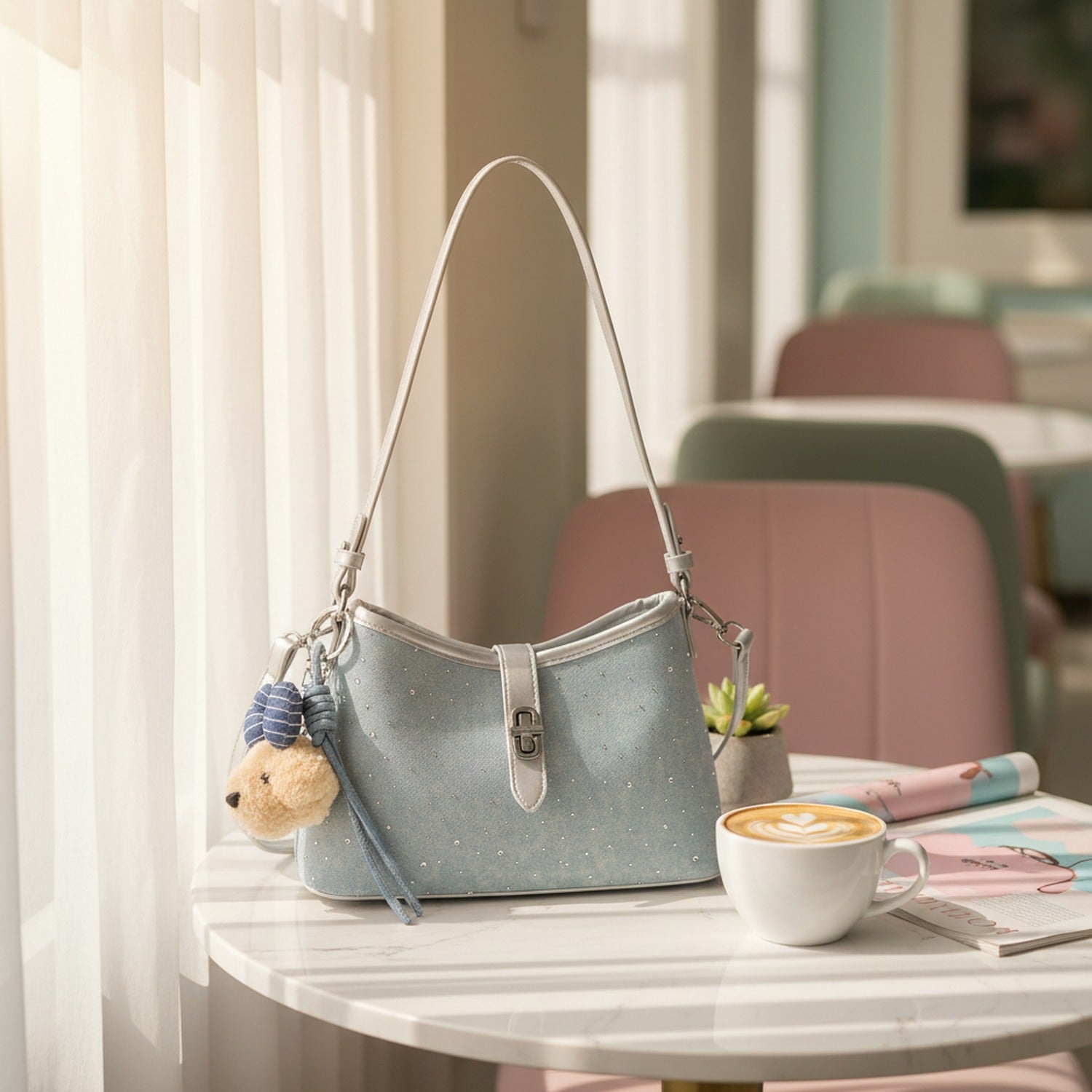 I notice this is a shoulder bag with a teddy bear charm, not a hat or cap. Based on the actual product shown, here's an