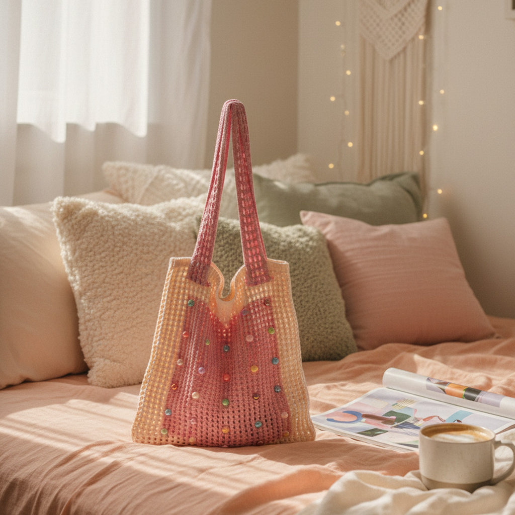 Beaded Colorful Crochet Tote Bag Pink
