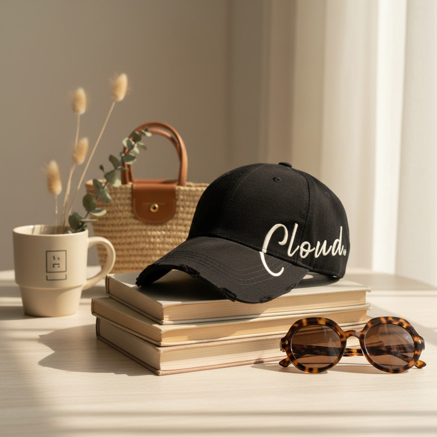 Black Distressed Baseball Cap With Script Embroidery