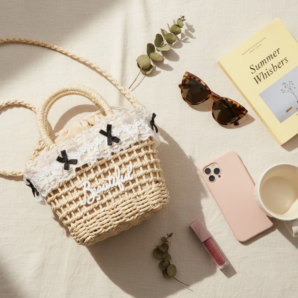 Woven Straw Basket Tote Bag with Lace Bow Trim
