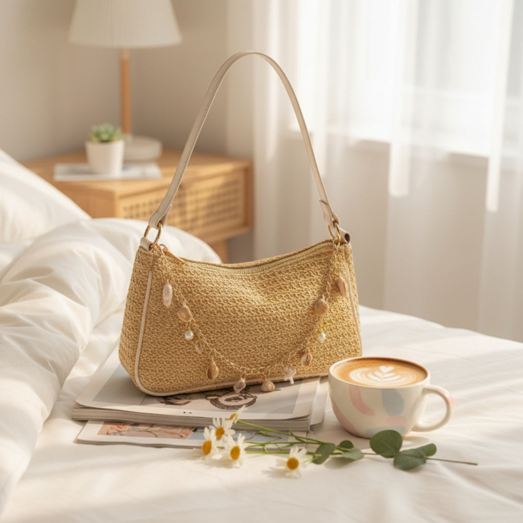 I notice this is a shoulder bag, not a hat or cap. Based on the visible product: Straw Shoulder Bag With Pearl Shell Cha
