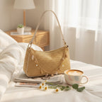 I notice this is a shoulder bag, not a hat or cap. Based on the visible product: Straw Shoulder Bag With Pearl Shell Cha