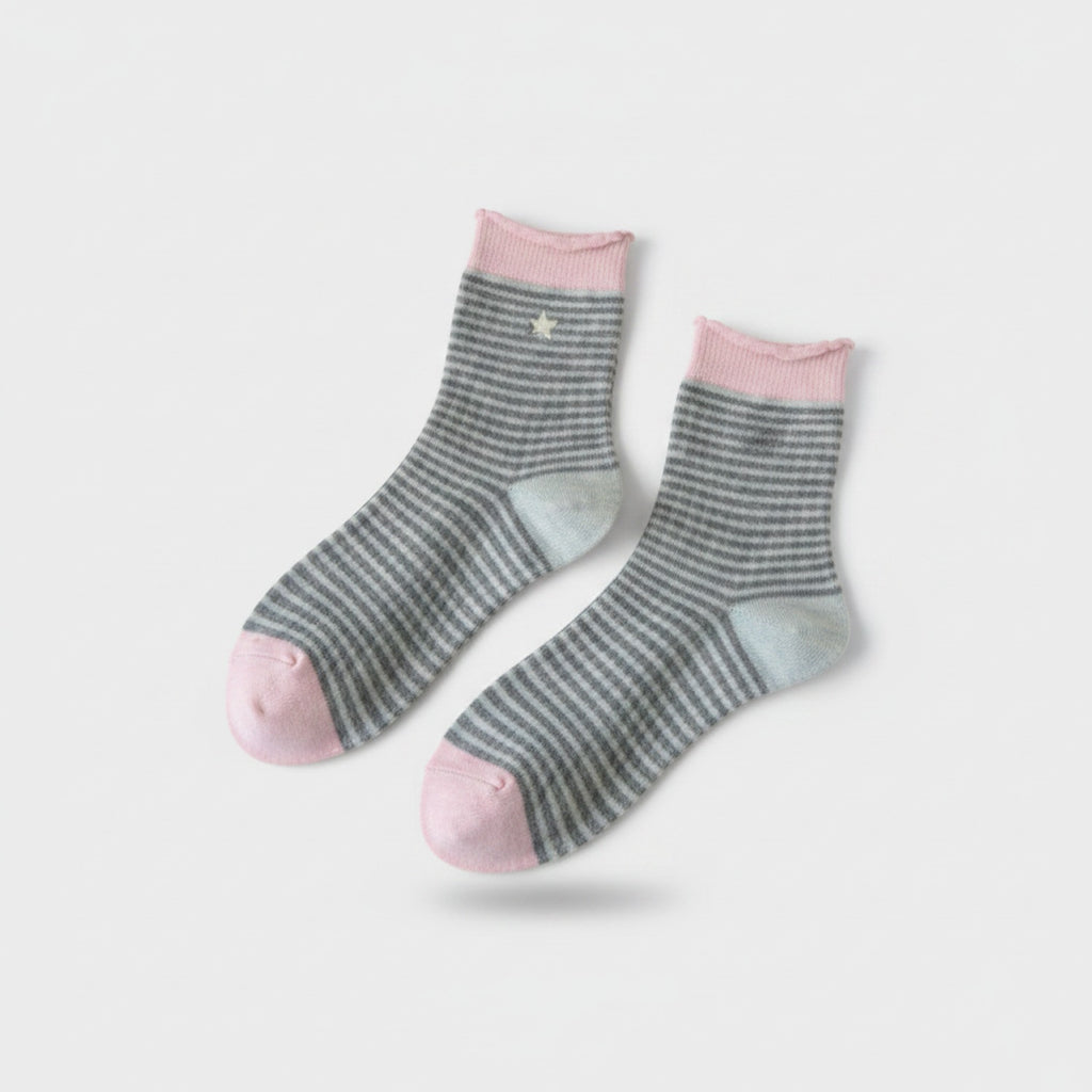 Gray Striped Pink Cuff Star Crew Socks