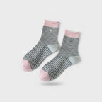 Gray Striped Pink Cuff Star Crew Socks