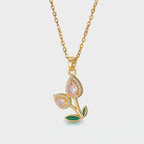 Pink Flower Teardrop Rhinestone Gold Chain Necklace