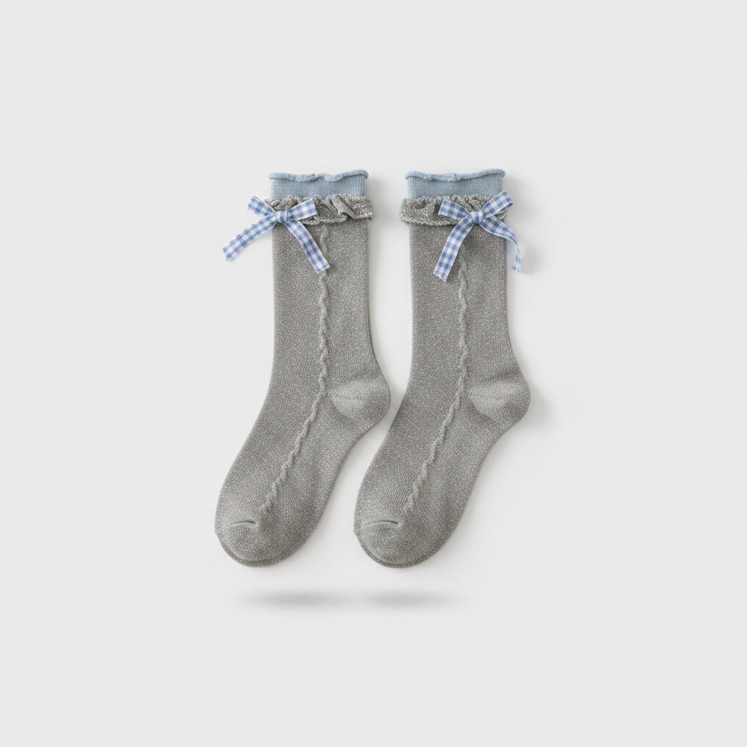 Black Ribbed Crew Socks With Gingham Bow