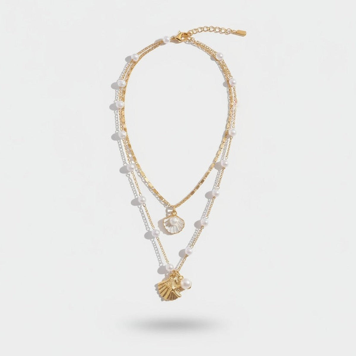 Layered Pearl Shell Charm Necklace - Gold & Pearl
