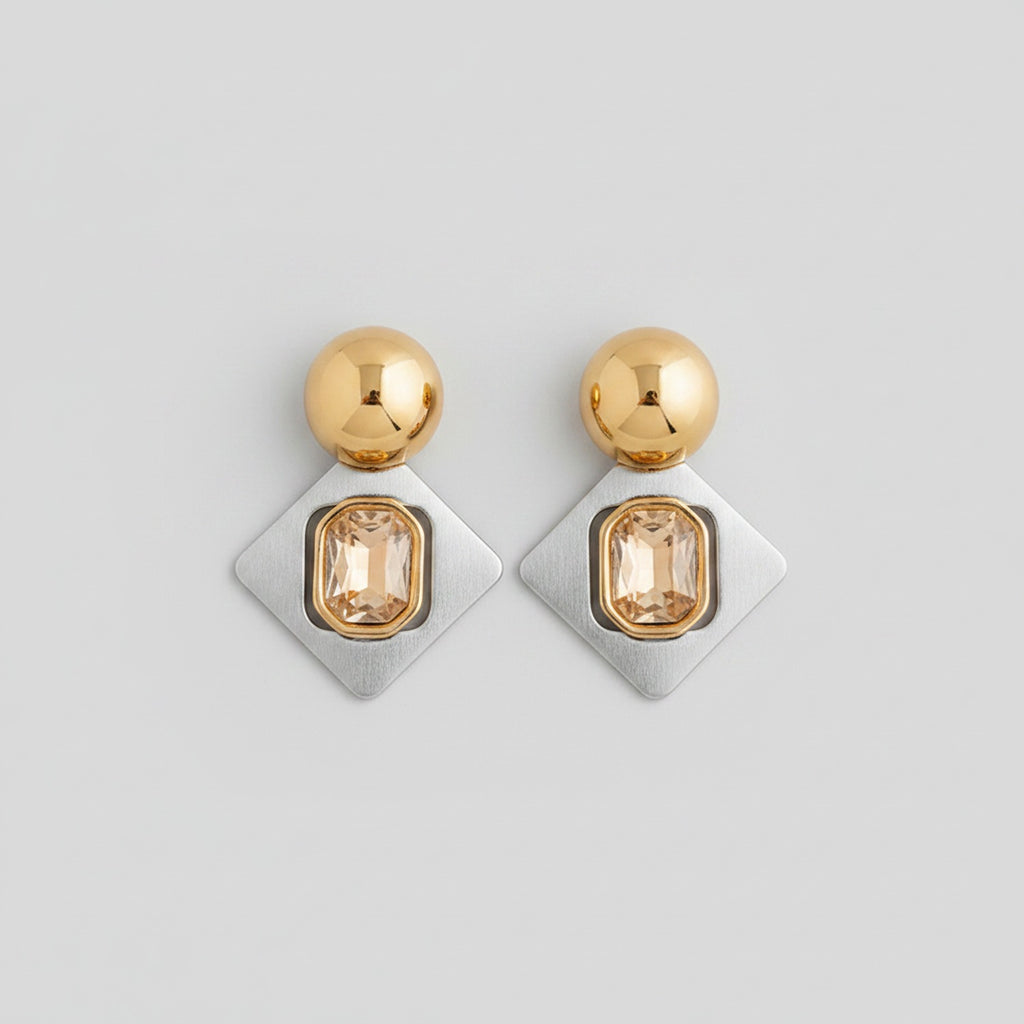 Gold Ball Stud Earrings With Champagne Crystal