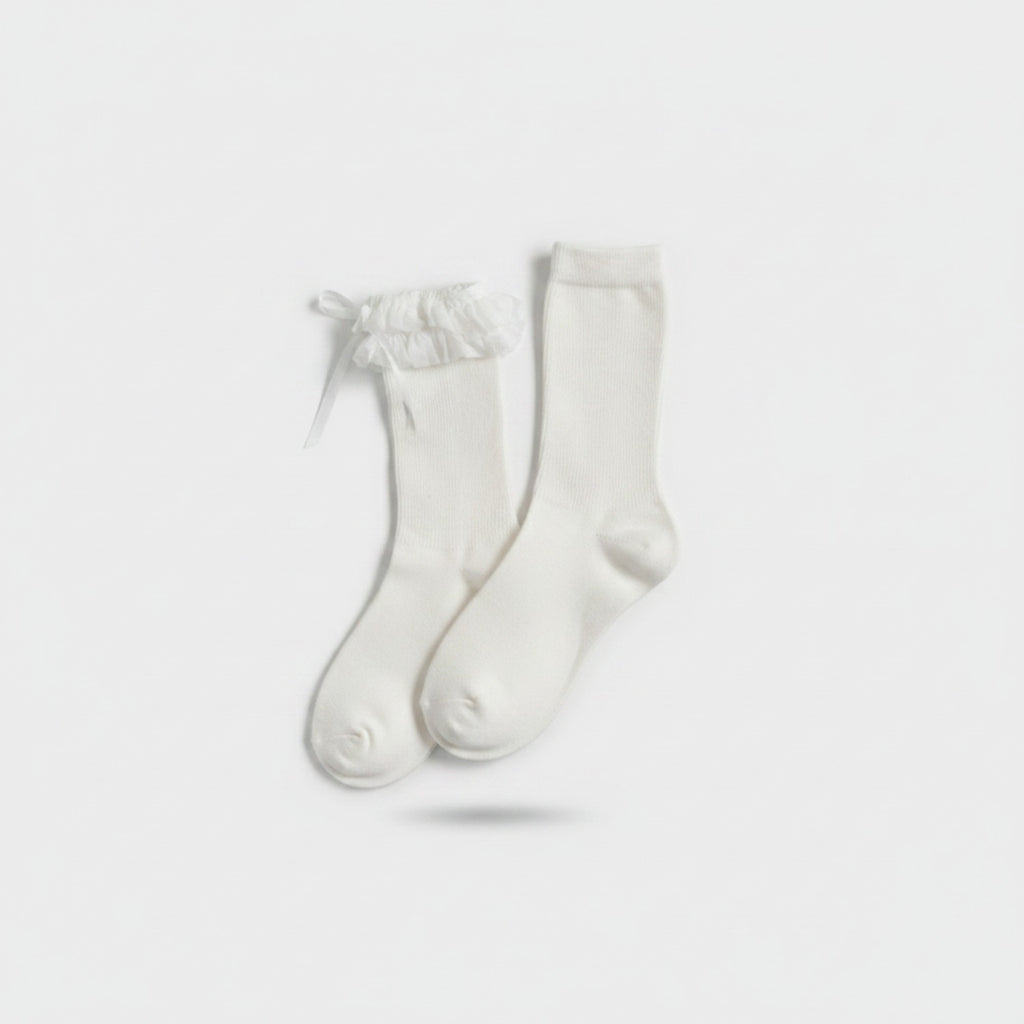 White Crew Socks With Ruffle Bow Detail