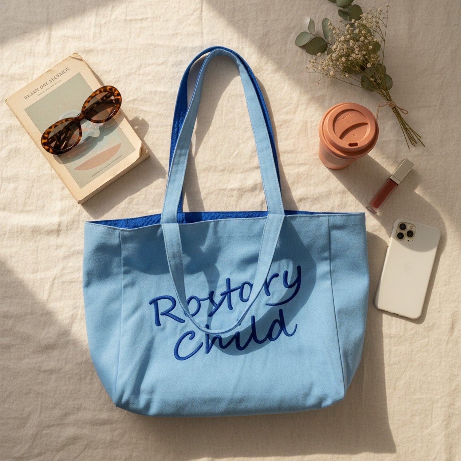 Pink Canvas Tote Bag With Embroidered Text