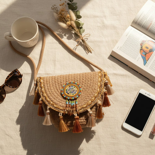 Beaded Boho Crossbody Bag With Tassel Fringe - White Pink Colorblock