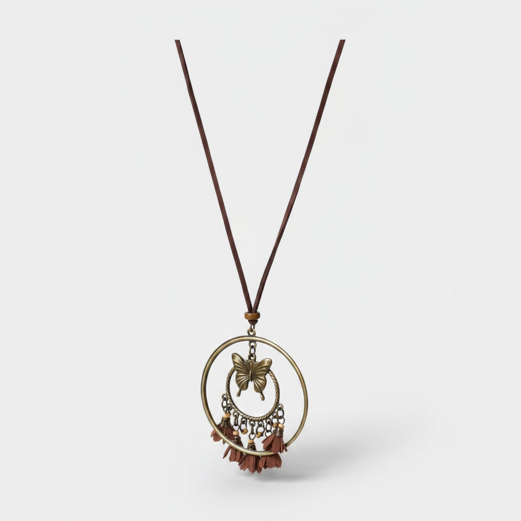 Butterfly Oval Pendant Necklace - Antique Bronze