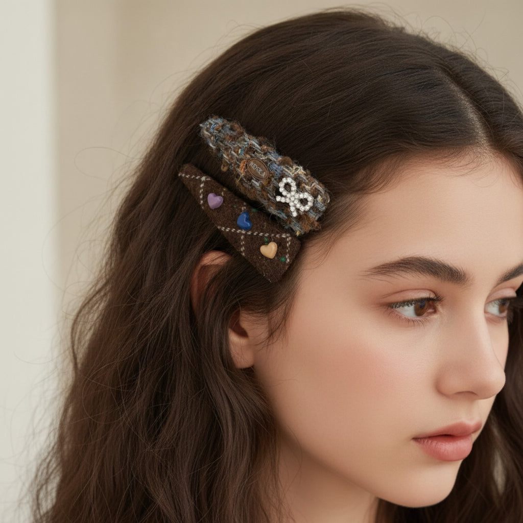 Textured Heart & Bow Hair Clip Set Multi Heart & Bow