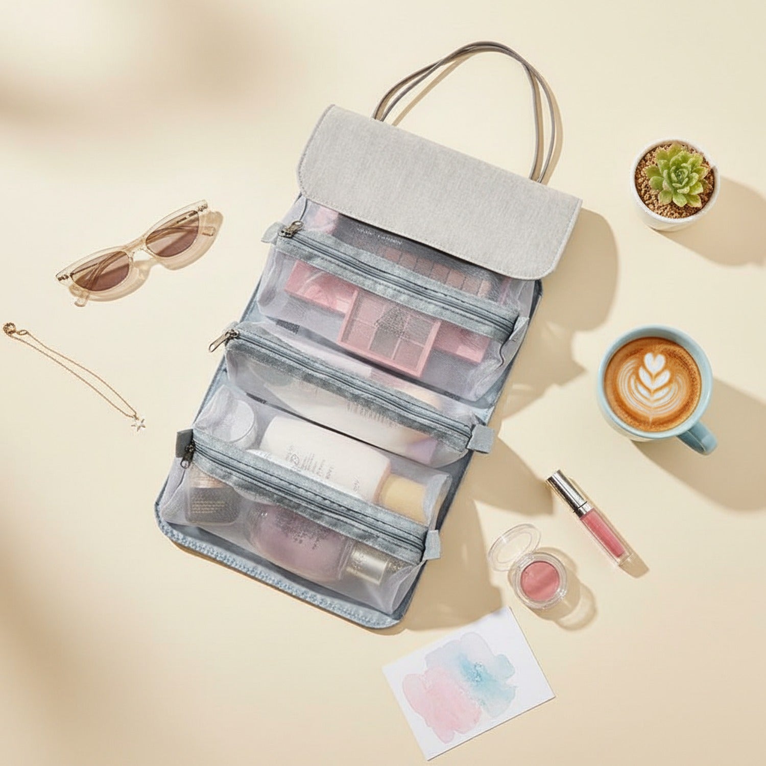 Hanging Cosmetic Organizer Bag Gray Compartments