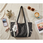 Black Star Studded Hobo Tote Bag With Fluffy Charm