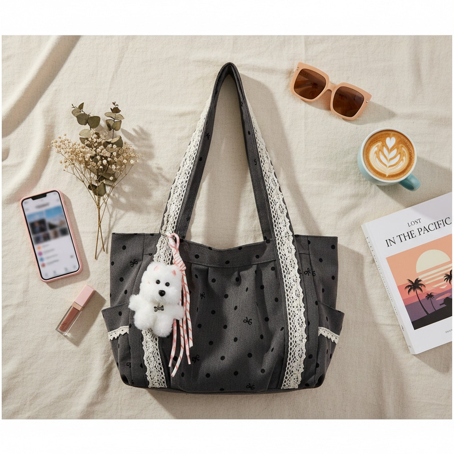 Black Star Studded Hobo Tote Bag With Fluffy Charm