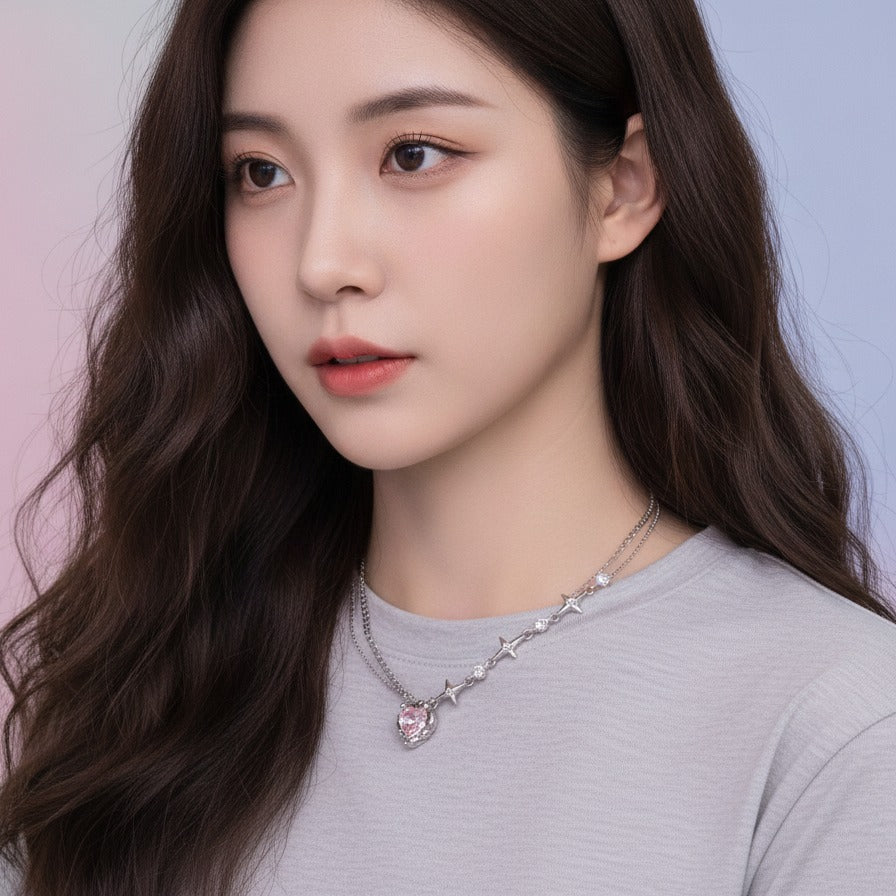 Sparkling Heart Star Chain Necklace - Pink Heart