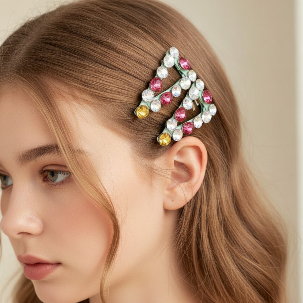 Sparkle Rhinestone Hair Clip Duo Green Accent