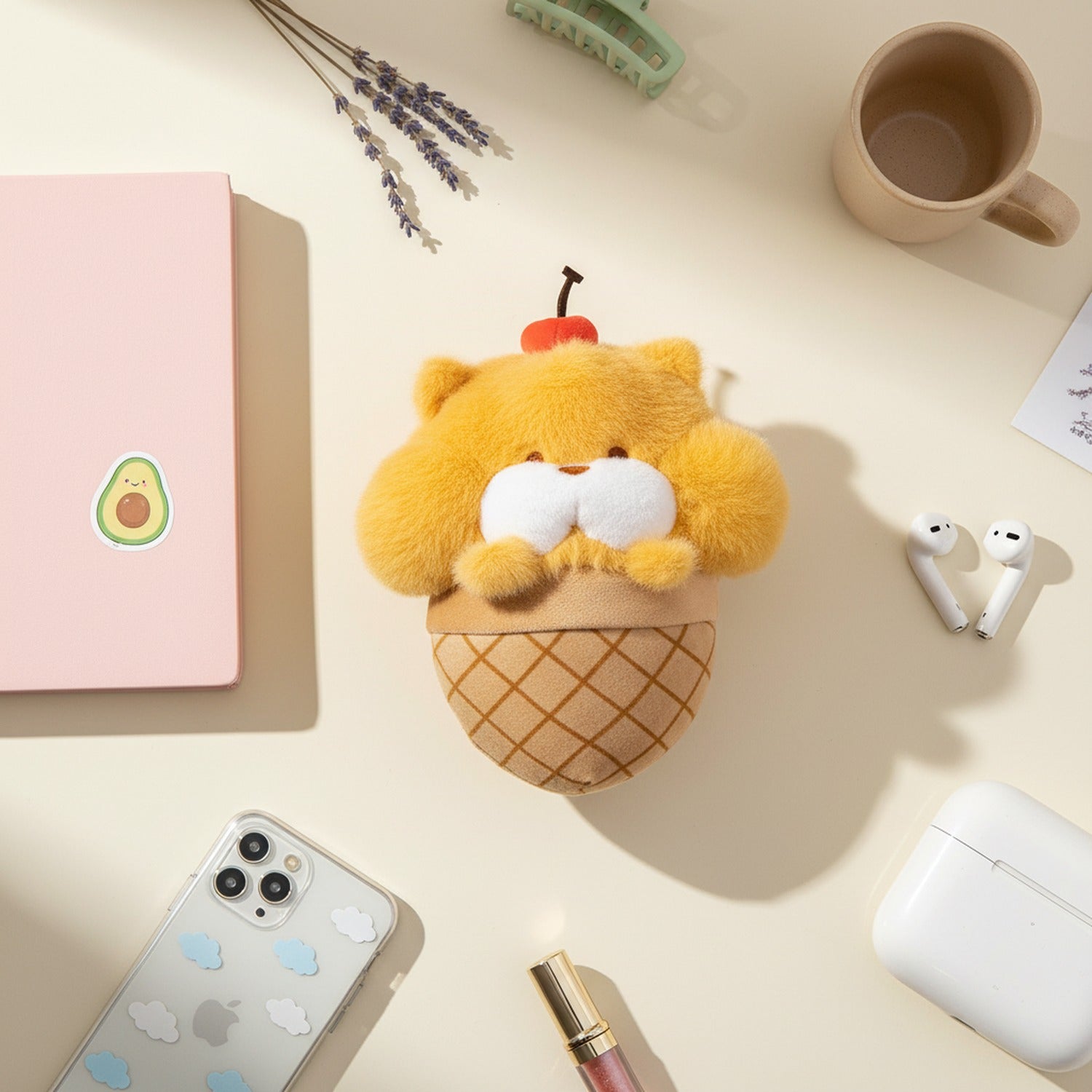 Yellow Fluffy Cat Ice Cream Cone Plush