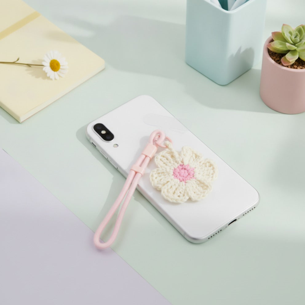 Crochet Flower Bag Charm - Cream & Pink