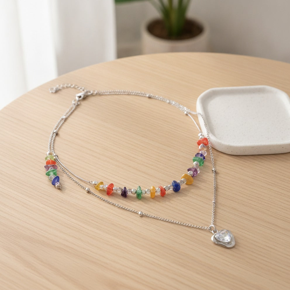 Rainbow Beaded Heart Layered Necklace