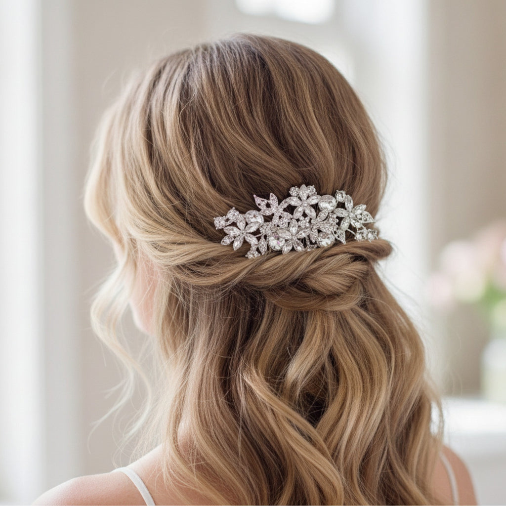 Crystallized Flower Hair Comb Silver
