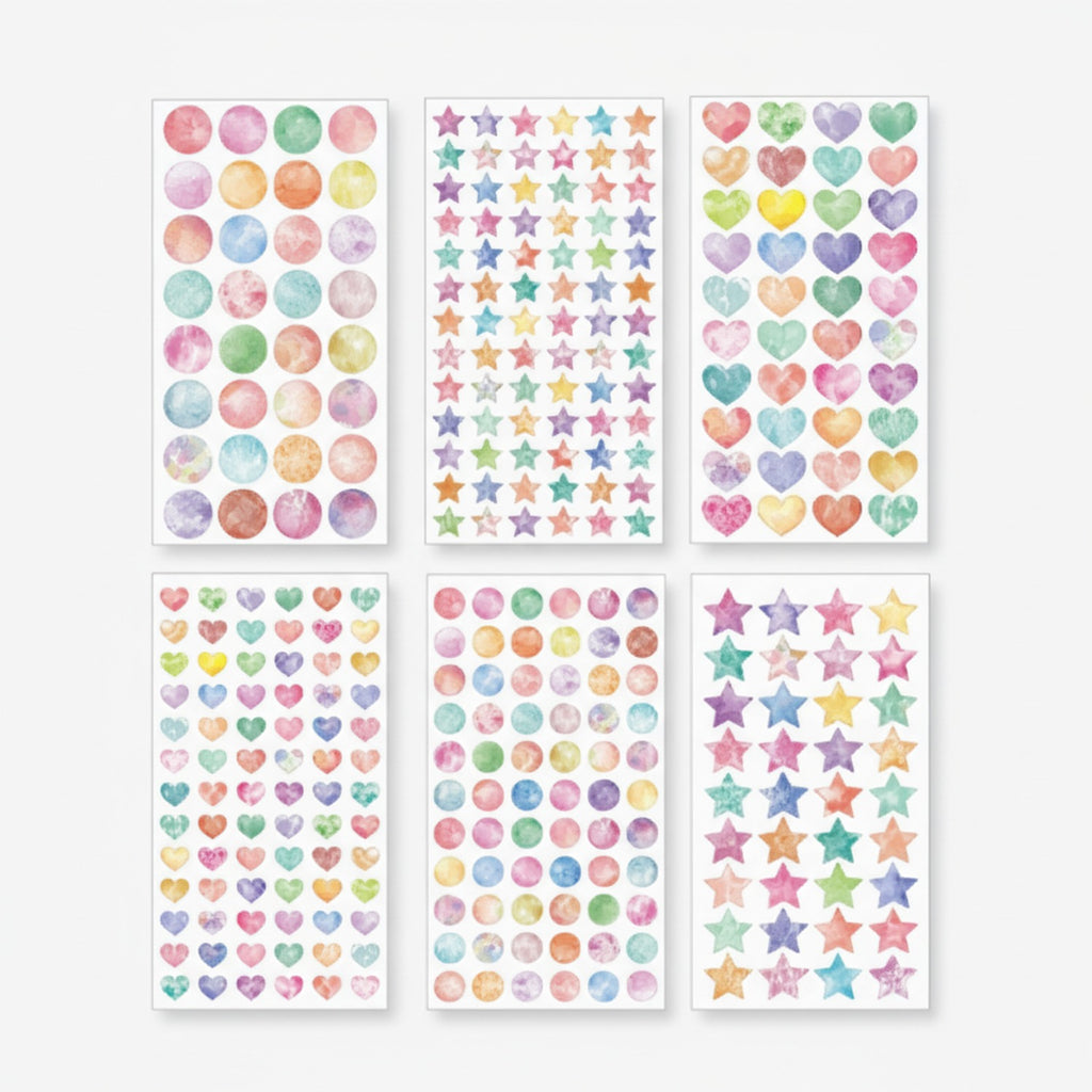 Watercolor Sticker Sheet Set Hearts Stars Circles