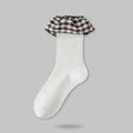 White Ribbed Crew Socks With Plaid Ruffle Cuff