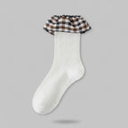 White Ribbed Crew Socks With Plaid Ruffle Cuff