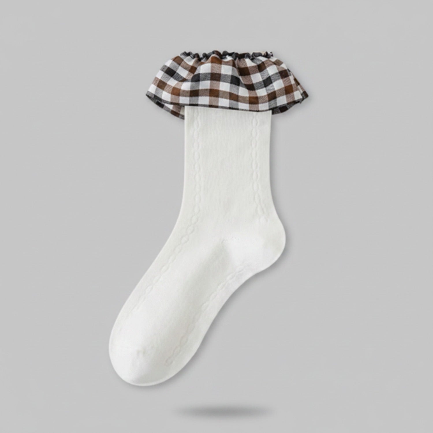 White Ribbed Crew Socks With Plaid Ruffle Cuff