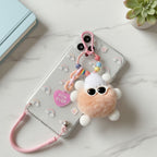 Fuzzy Pom Pom Beaded Keychain With Heart Charm