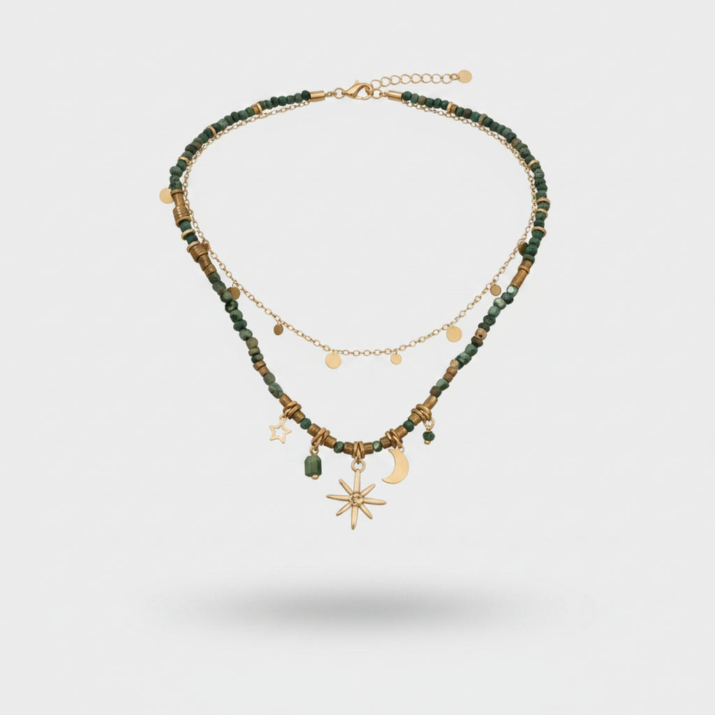 Green Beaded Charm Necklace Set with Star Moon Pendants
