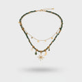 Green Beaded Charm Necklace Set with Star Moon Pendants