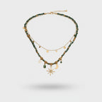 Green Beaded Charm Necklace Set with Star Moon Pendants