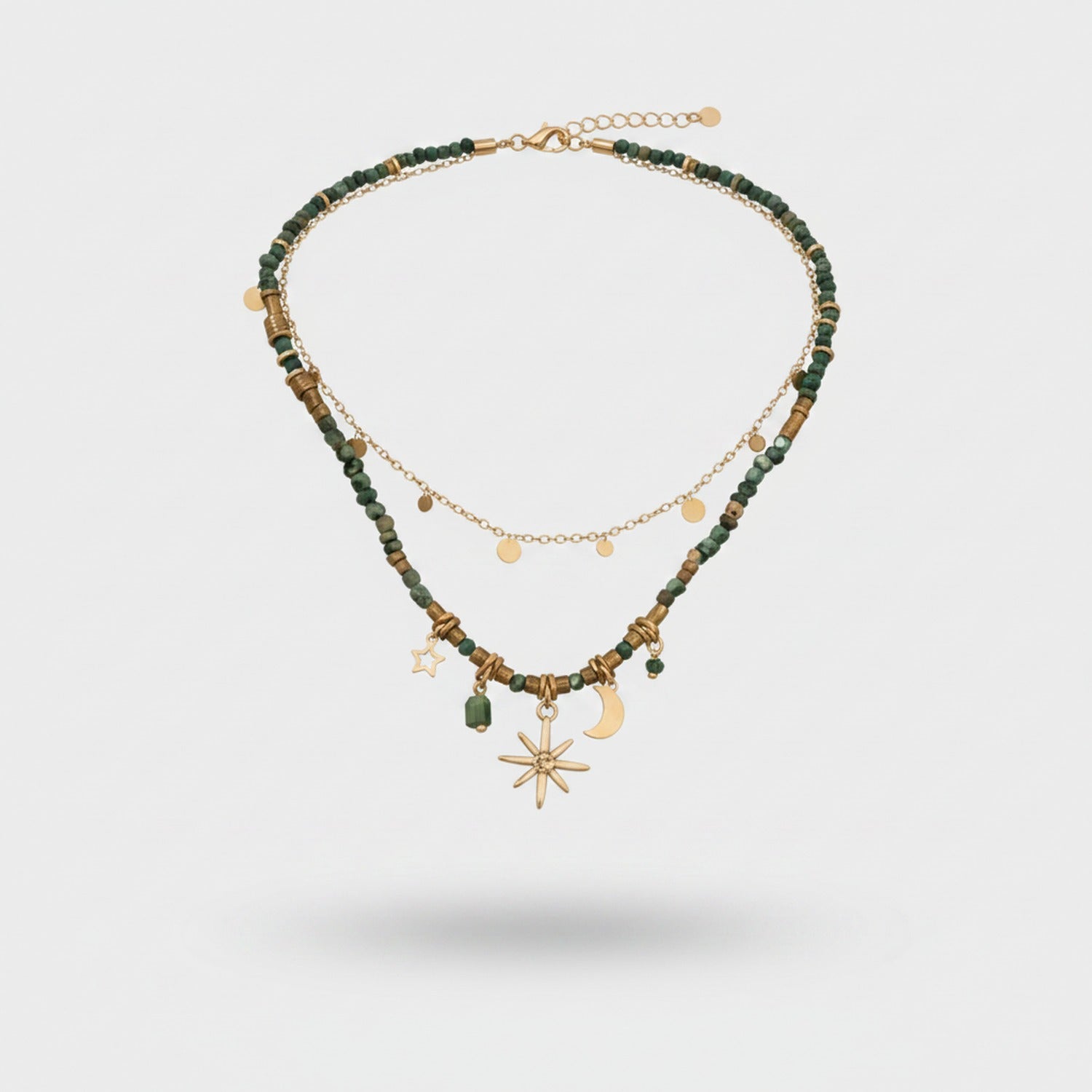 Green Beaded Charm Necklace Set with Star Moon Pendants