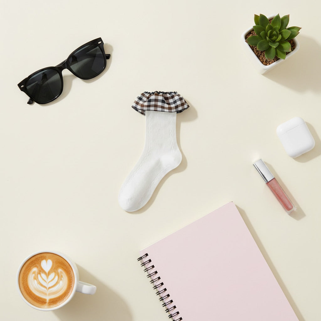 White Ribbed Crew Socks With Plaid Ruffle Cuff