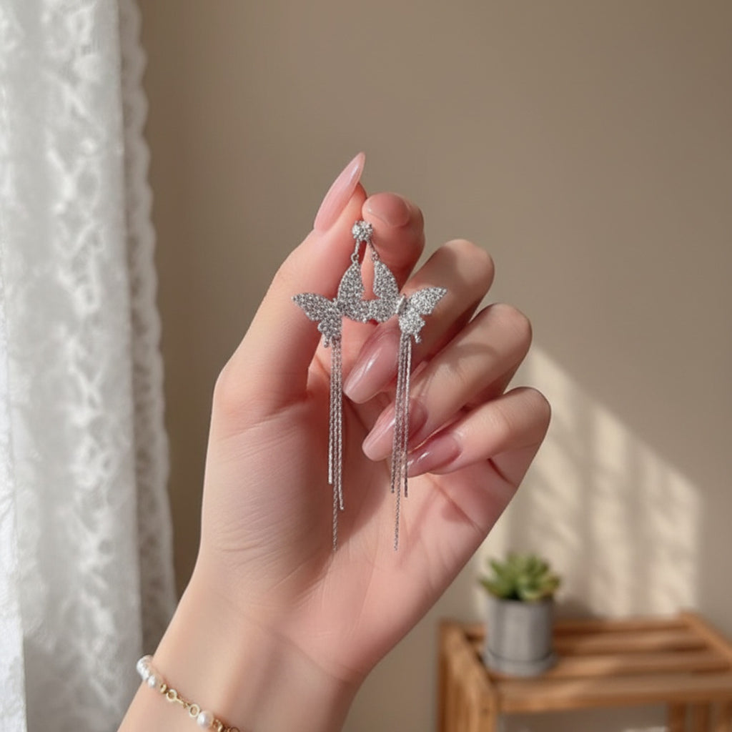 Butterfly Rhinestone Chain Drop Earrings Silver