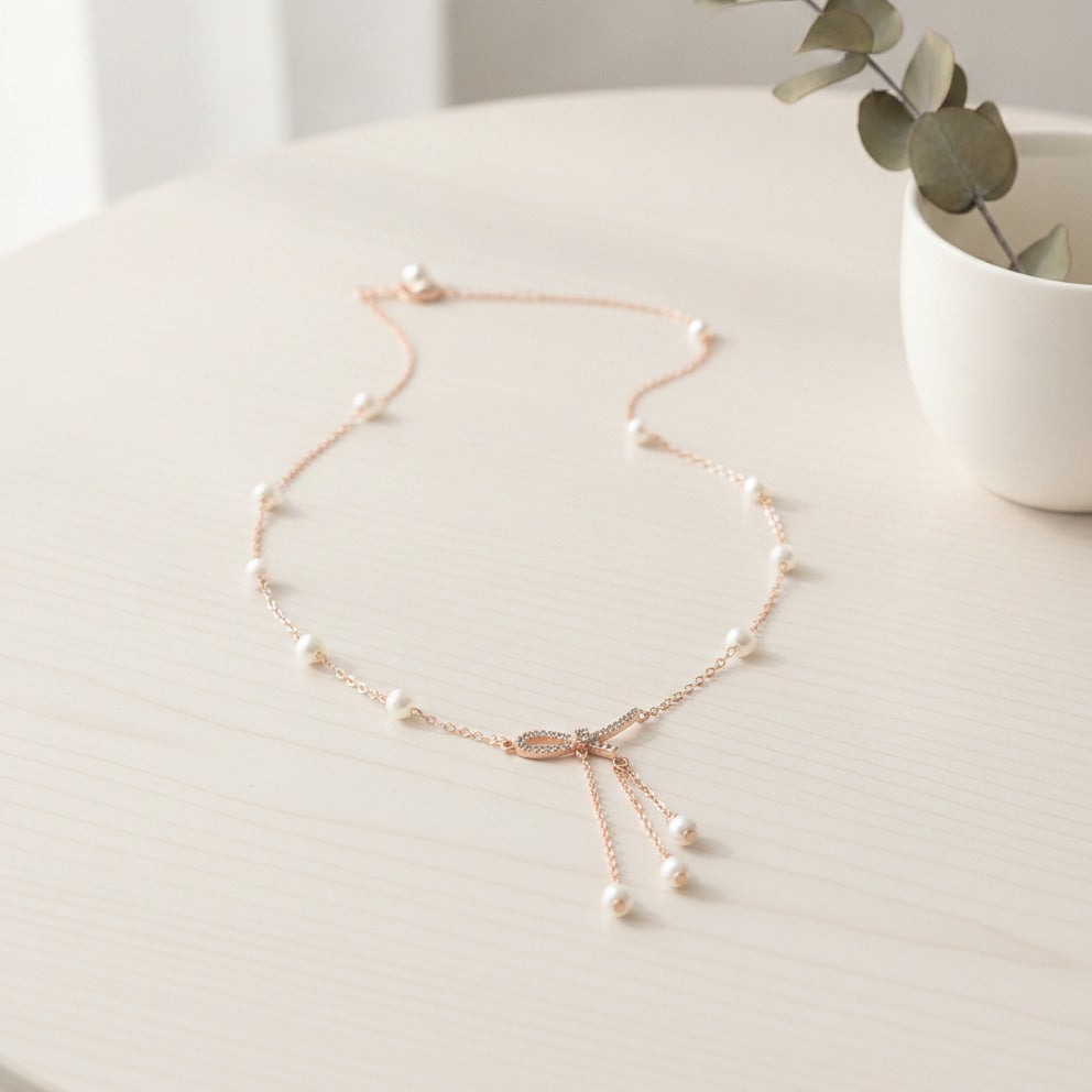 Pearl Bow Lariat Necklace - Rose Gold Pearl
