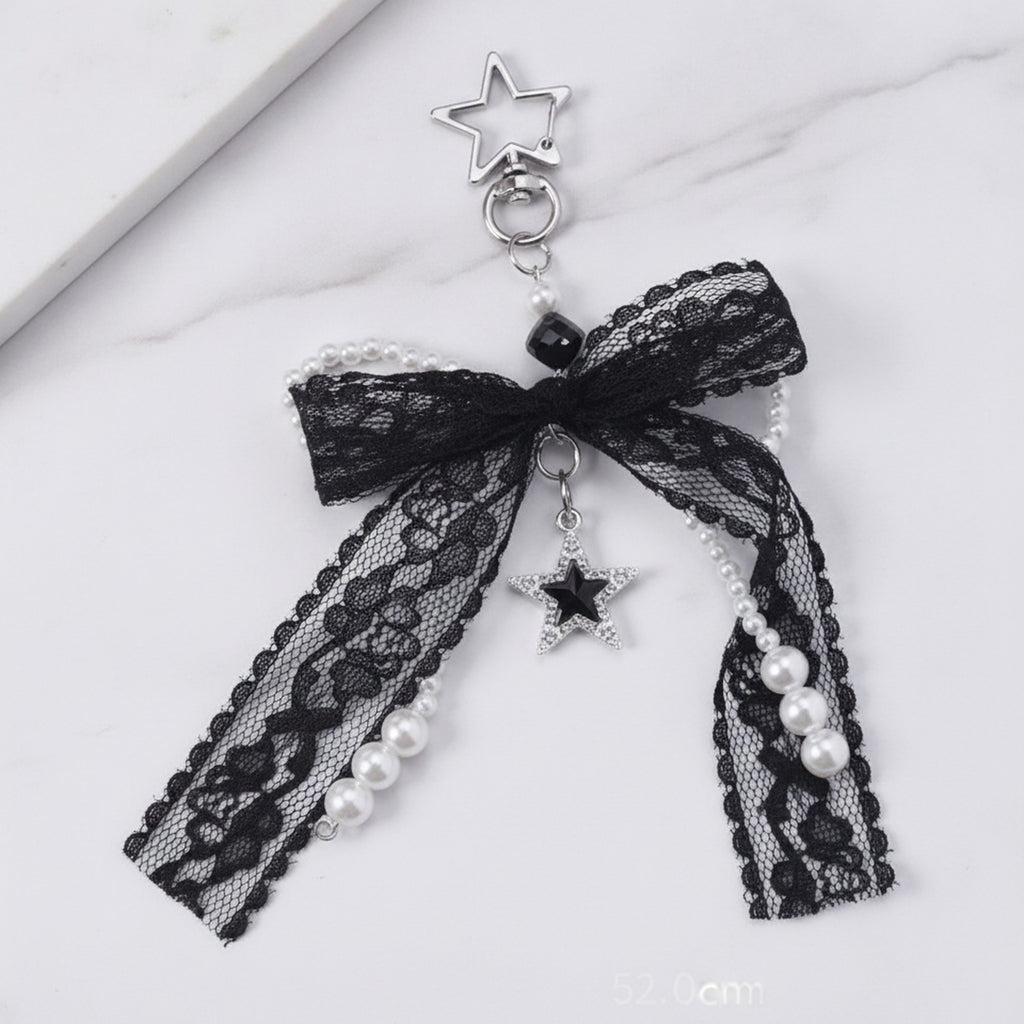 Lace Ribbon Pearl Bag Charm - Black