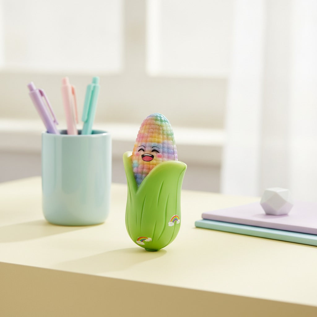 Rainbow corn plush toy with green husk - angle