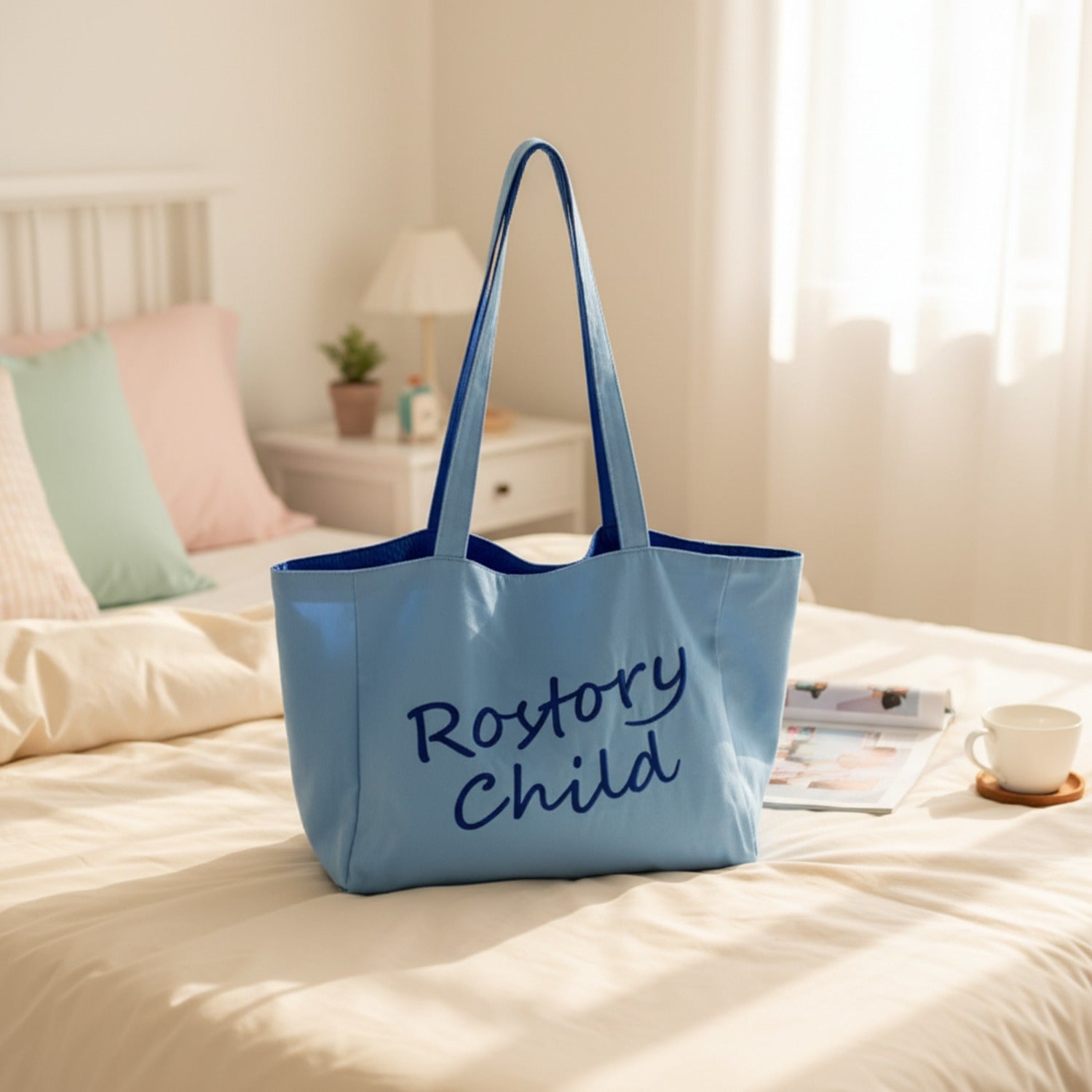Pink Canvas Tote Bag With Embroidered Text