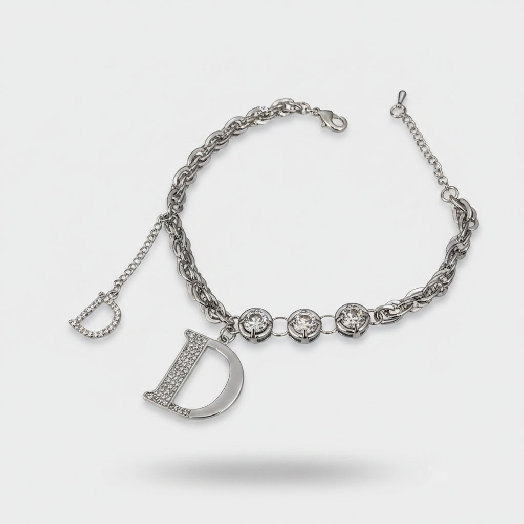 Silver Rhinestone D Charm Chain Bracelet