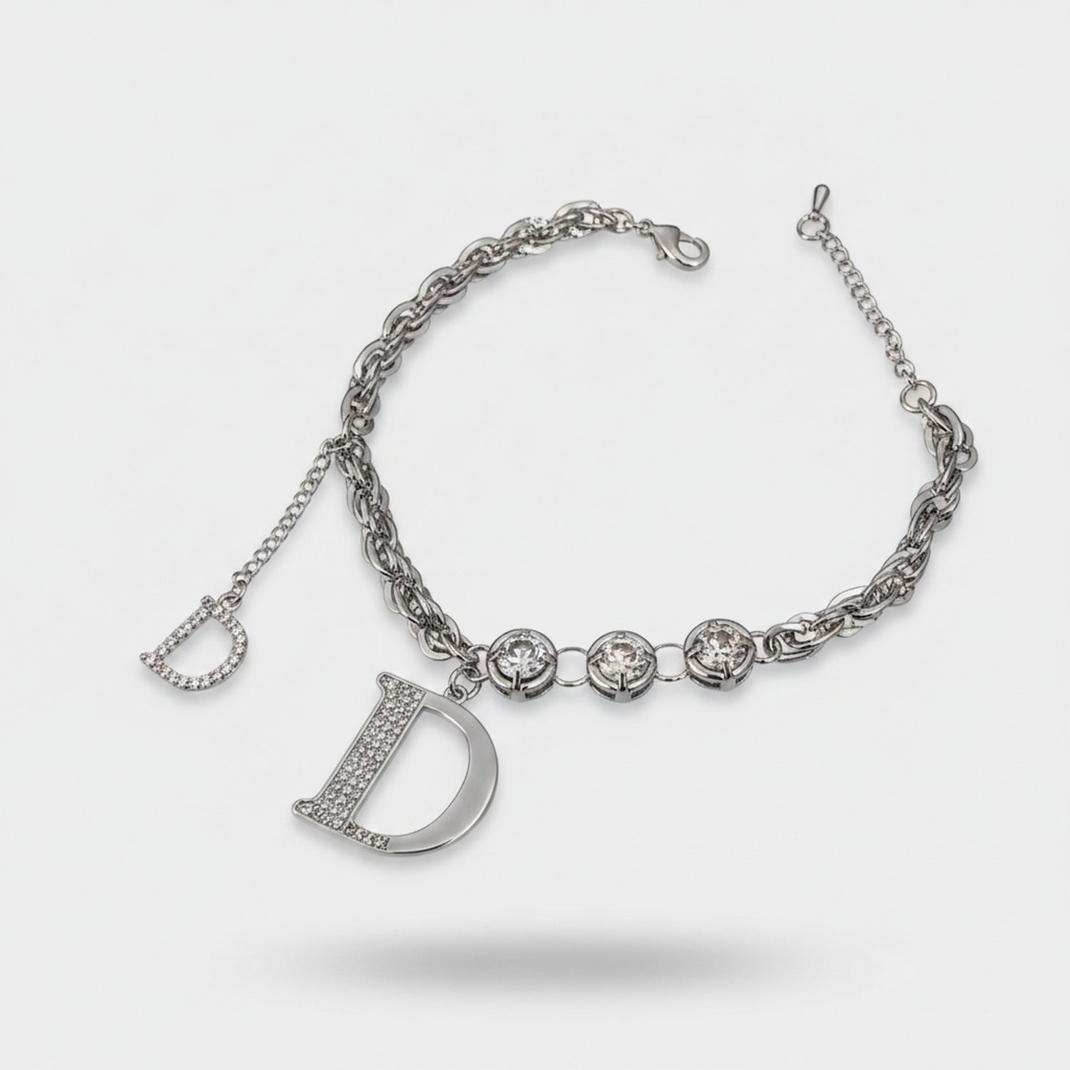 Silver Rhinestone D Charm Chain Bracelet