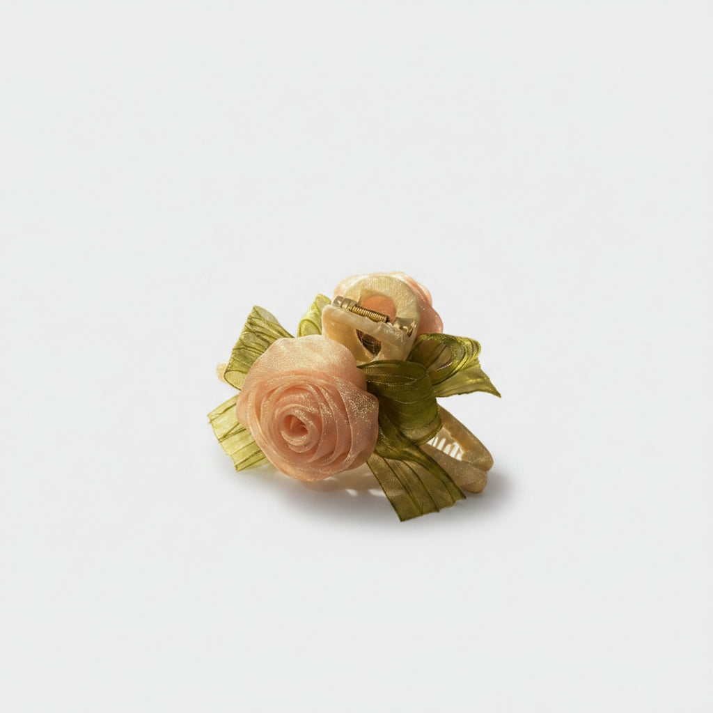 Rose Gold Flower Hair Claw Clip With Ribbon Bow