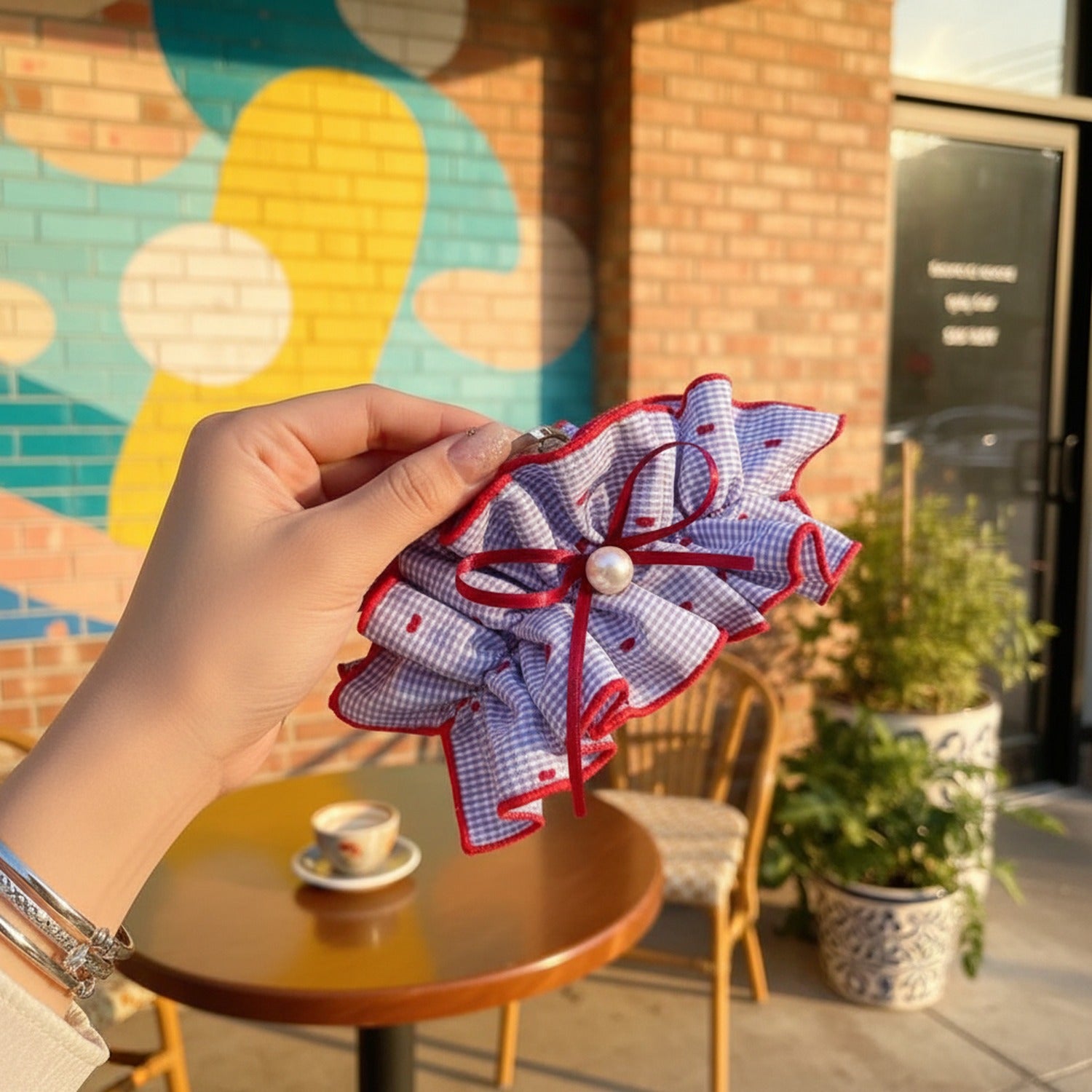 Red Gingham Ruffle Hair Claw With Pearl