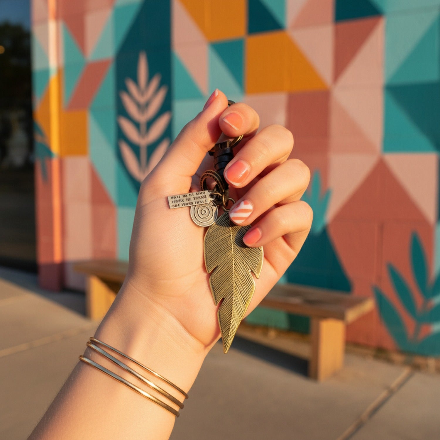 Brass Leaf Charm Keyring With Beaded Accents