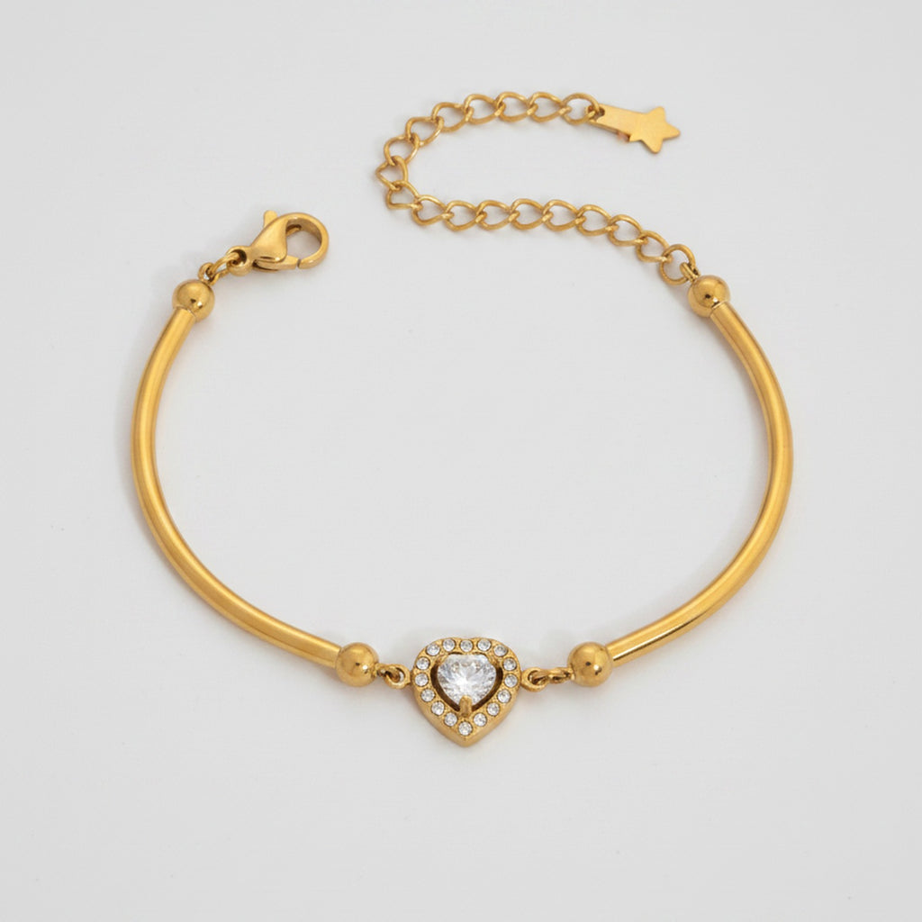 Gold Heart Rhinestone Bangle Bracelet With Chain