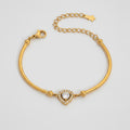 Gold Heart Rhinestone Bangle Bracelet With Chain