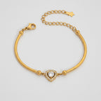 Gold Heart Rhinestone Bangle Bracelet With Chain